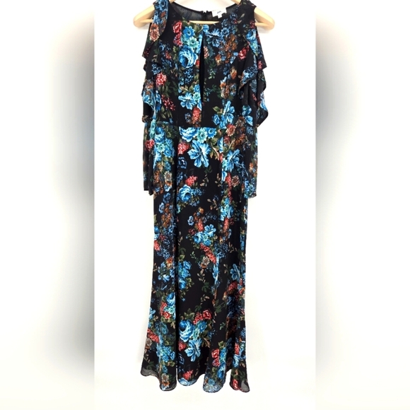 LPA Floral Maxi Ruffle Black & Blue Dress Size Small - Picture 3 of 13